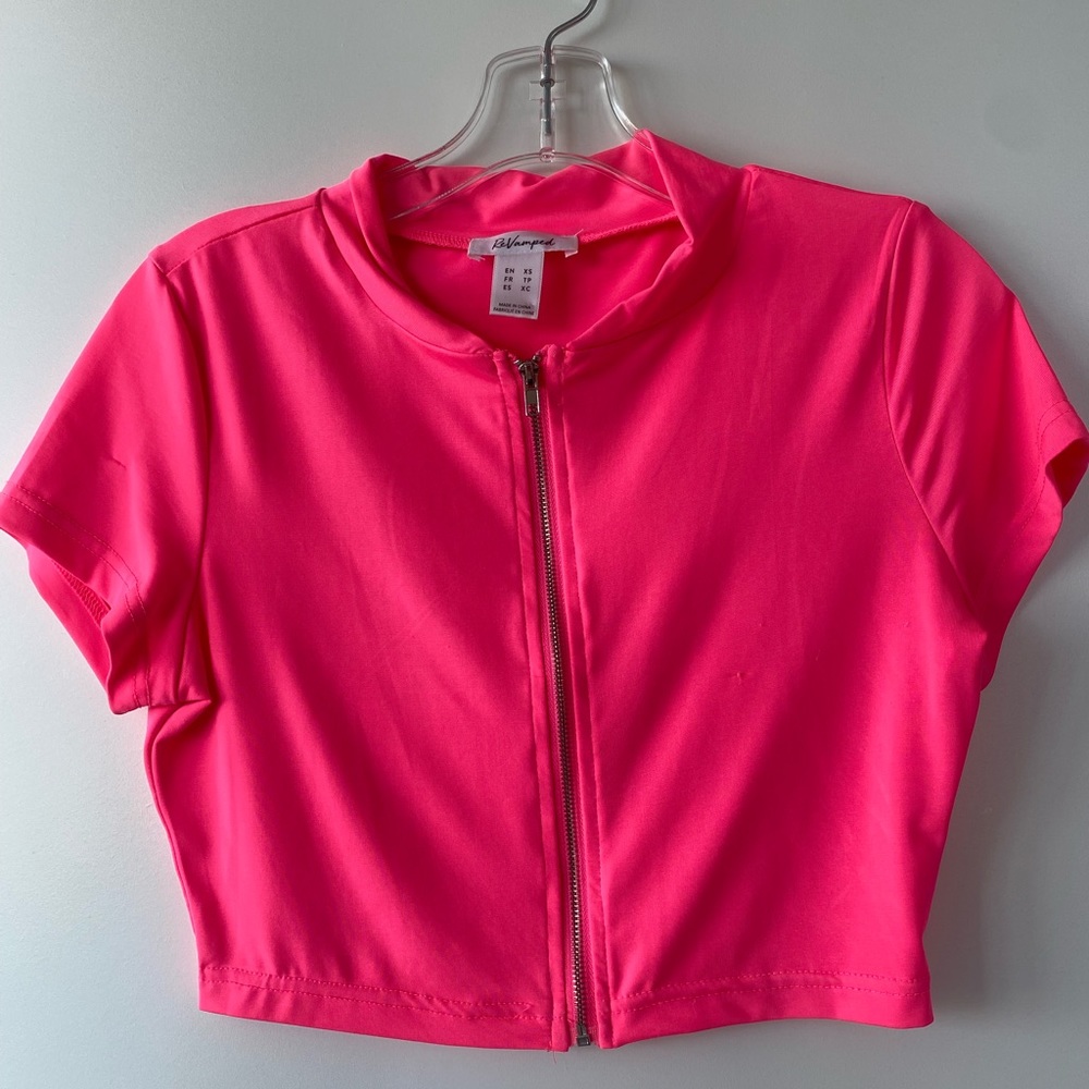 Neon Pink Zip-Up Crop Top